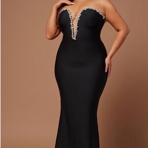 Fashion Nova Black Strapless Gown with Silver Accents